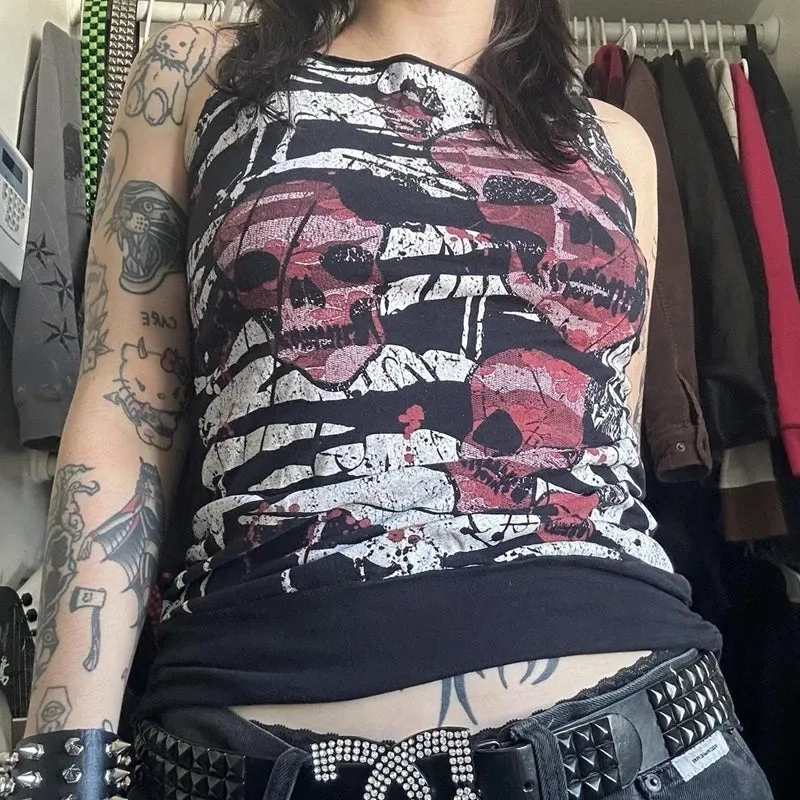 Girlary Y2K Grunge Skull Emo Tank Tops Women Sleeveless Vest E-girl Gothic Cyber Mall Streetwear 2000s Retro Graphic Kawaii Crop Tops
